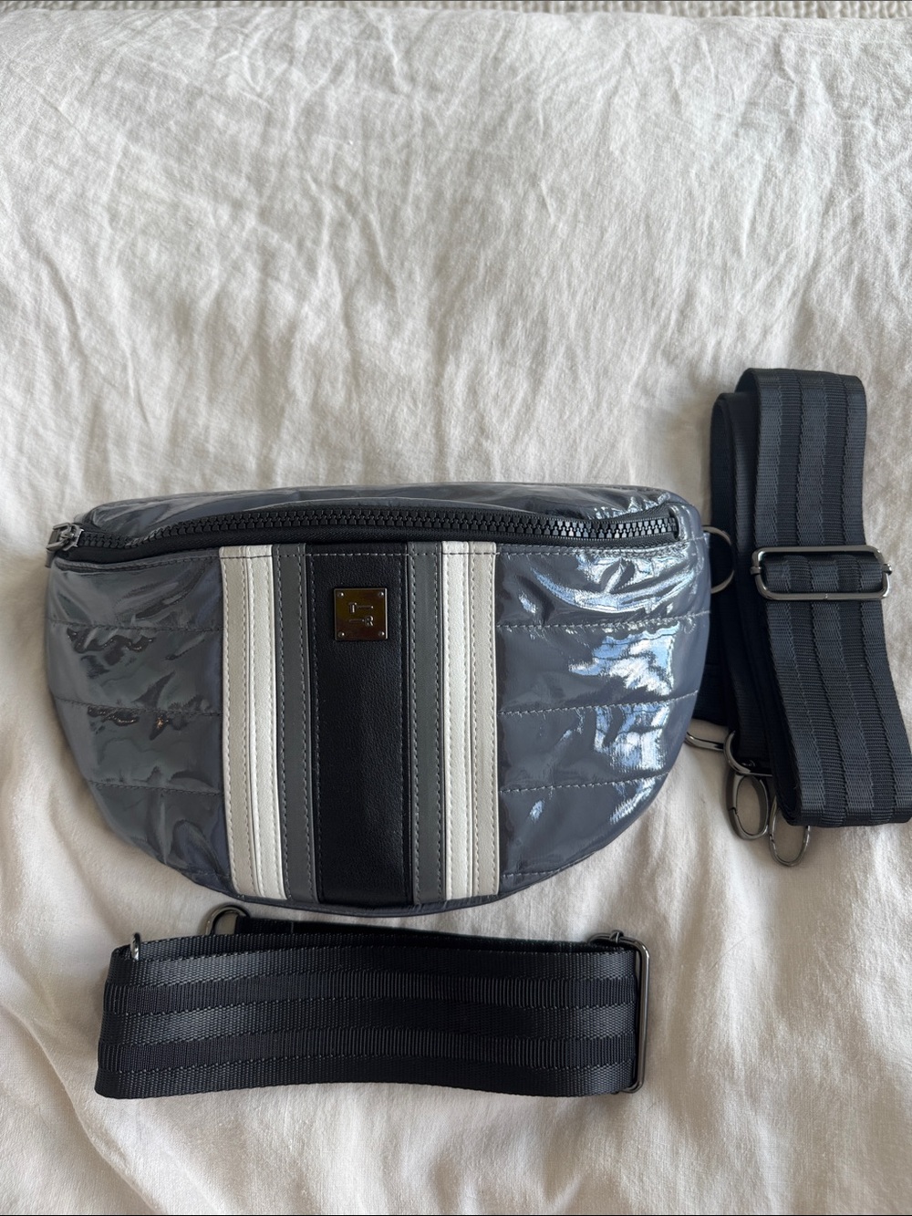 Think Royln Little Runway Handbag Shiny grey blue stripe